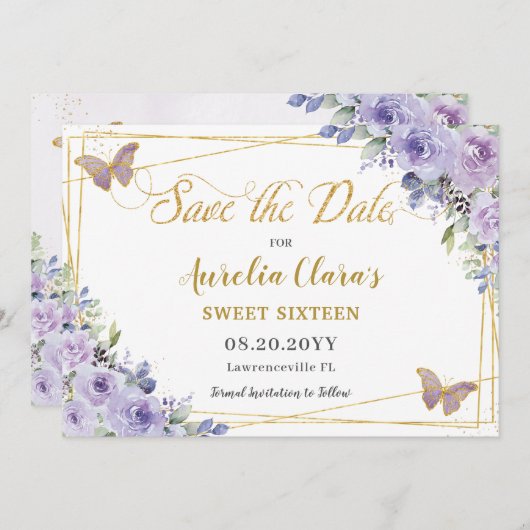 Paarse Lila Floral Quinceañera Sweet Sixteen Save The Date (Voorkant / Achterkant)