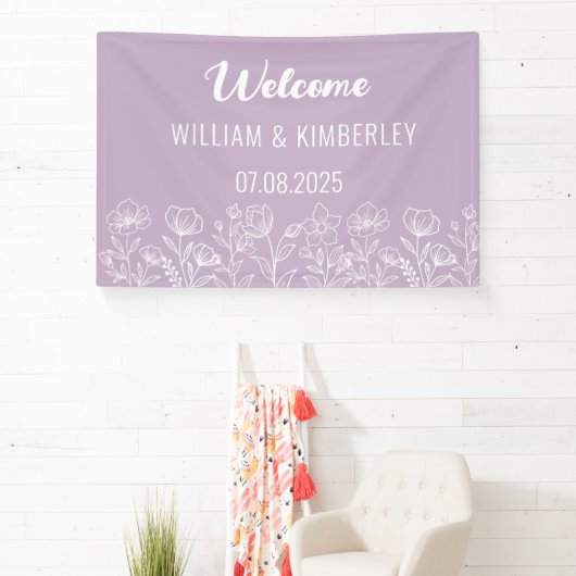 Paarse Lila Floral Rustic Simple Modern Wedding Spandoek (Insitu)