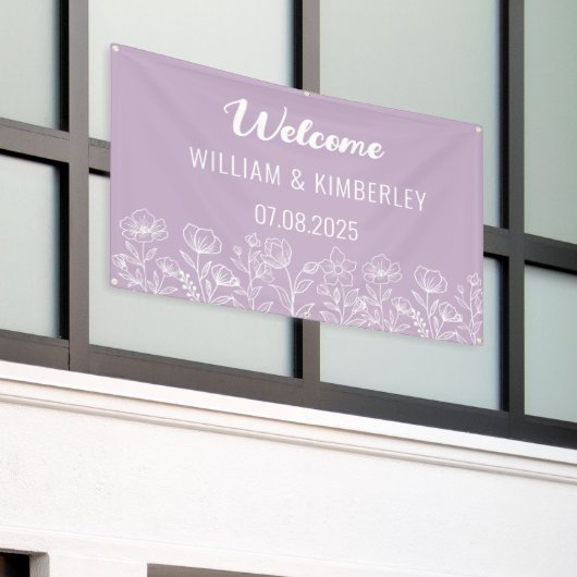 Paarse Lila Floral Rustic Simple Modern Wedding Spandoek (Buitenkant Gebouw)