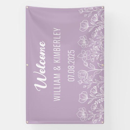 Paarse Lila Floral Rustic Simple Modern Wedding Spandoek (Verticaal)
