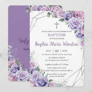 Paarse Lila Floral Silver Baptism Christening Kaart