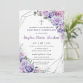 Paarse Lila Floral Silver First Heilige Communie Kaart (Staand voorkant)