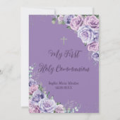 Paarse Lila Floral Silver First Heilige Communie Kaart (Achterkant)