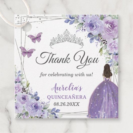 Paarse Lila Floral Silver Princess Quinceañera Bedankjes Labels (Voorkant)