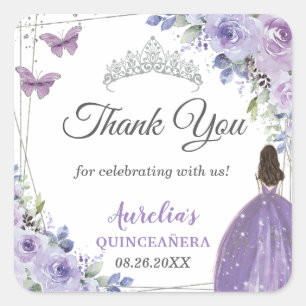 Paarse Lila Floral Silver Princess Quinceañera Vierkante Sticker