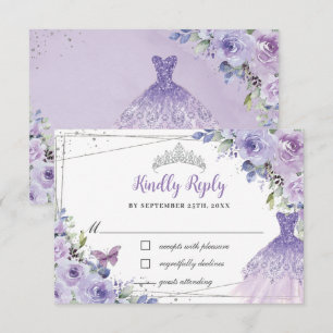 Paarse Lila Floral Silver Quinceañera Dress Gown RSVP Kaartje