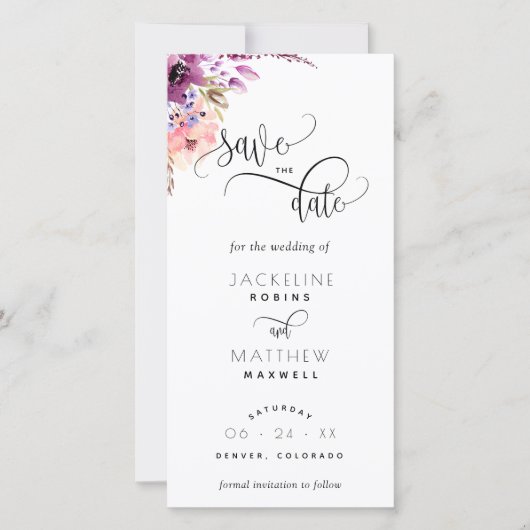 Paarse Lila Floral Wedding Save the Date Bladwijze (Voorkant)