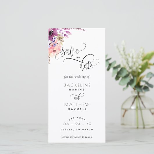 Paarse Lila Floral Wedding Save the Date Bladwijze (Staand voorkant)