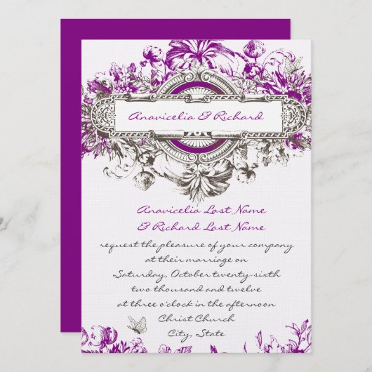 Paarse Lila Floral Wedding Uitnodiging (Voorkant / Achterkant)