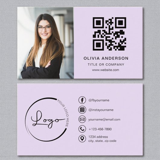 Paarse Lila Foto Witte QR Code Sociale Media Visitekaartje