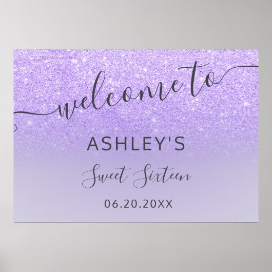Paarse lila glitter elegant verwelkomd zoet 16 poster (Voorkant)
