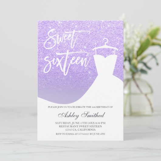Paarse lila glitter elegante chique jurk Sweet 16 Kaart (Staand voorkant)