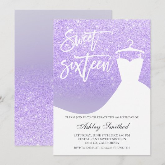 Paarse lila glitter elegante chique jurk Sweet 16 Kaart (Voorkant / Achterkant)