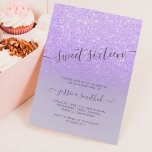 Paarse lila glitterelegante typografie Sweet 16 Kaart<br><div class="desc">Een moderne typografie,   kerkiek en elegante faux paarse lila glitter douche ombre met pastel paarse lila kleurenblok Sweet 16 verjaardagsfeestuitnodiging met paars ombre patroon.</div>