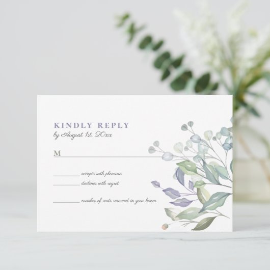 Paarse Lila Greenery Wedding RSVP Kaart (Staand voorkant)
