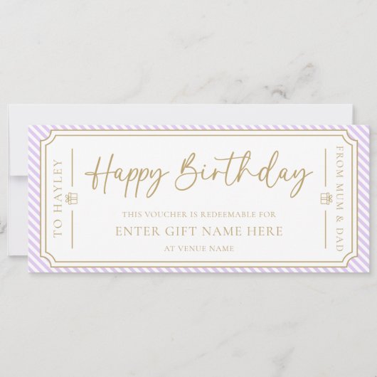Paarse Lila Happy Birthday Gift Voucher Kaart (Voorkant)