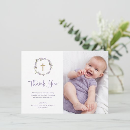  Paarse Lila Krans en Foto | doop Bedankkaart (Staand voorkant)