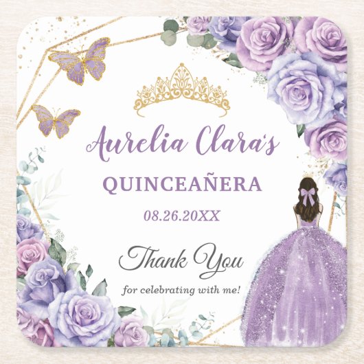 Paarse Lila Lavendel Bloemen Quinceañera Princess Kartonnen Onderzetters (Voorkant)
