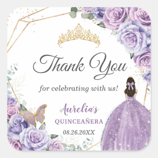 Paarse Lila Lavendel Bloemen Quinceañera Princess Vierkante Sticker (Voorkant)