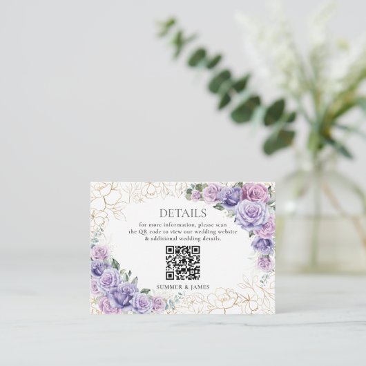 Paarse Lila Lavendel Bloemen Trouwdetails QR Informatiekaartje (Staand voorkant)