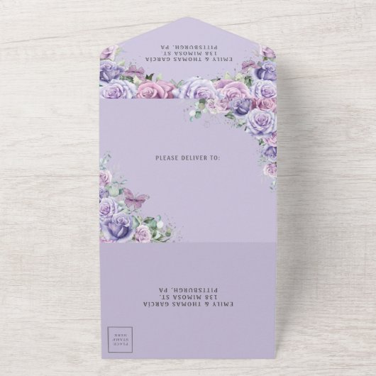 Paarse Lila Lavendel Floral Quinceanera Princess All In One Uitnodiging (Buitenkant)