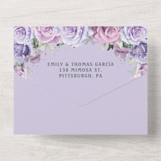 Paarse Lila Lavendel Floral Quinceanera Princess All In One Uitnodiging (Achterkant)