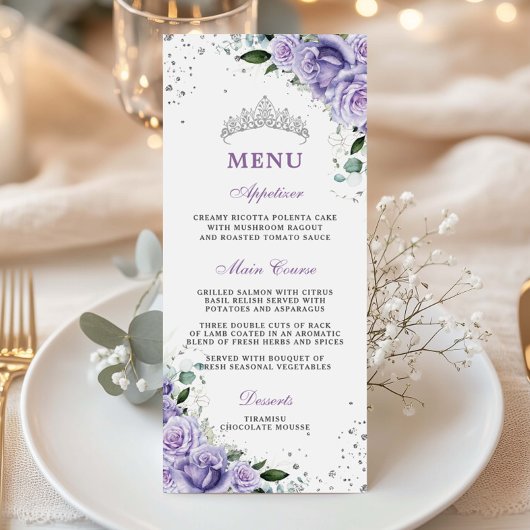 Paarse Lila Lavendel Floral Quinceañera XV Menu