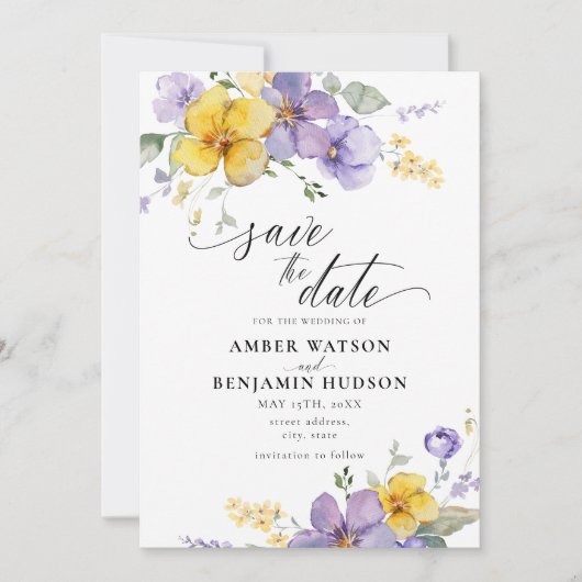 Paarse Lila Lavendel Gele Bloemen Save The Date Kaart (Voorkant)