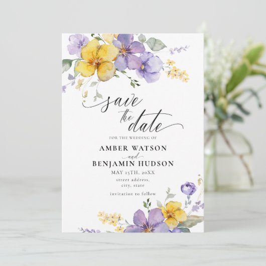 Paarse Lila Lavendel Gele Bloemen Save The Date Kaart (Staand voorkant)