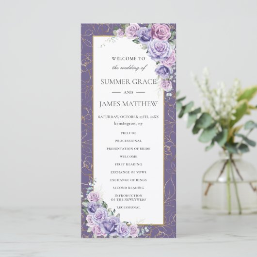 Paarse Lila Lavendel Line Art Floral Wedding Programmakaart (Staand voorkant)