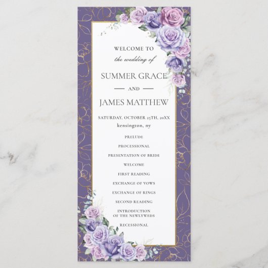 Paarse Lila Lavendel Line Art Floral Wedding Programmakaart (Voorkant)