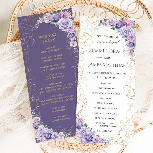 Paarse Lila Lavendel Line Art Floral Wedding Programmakaart
