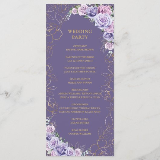 Paarse Lila Lavendel Line Art Floral Wedding Programmakaart (Achterkant)
