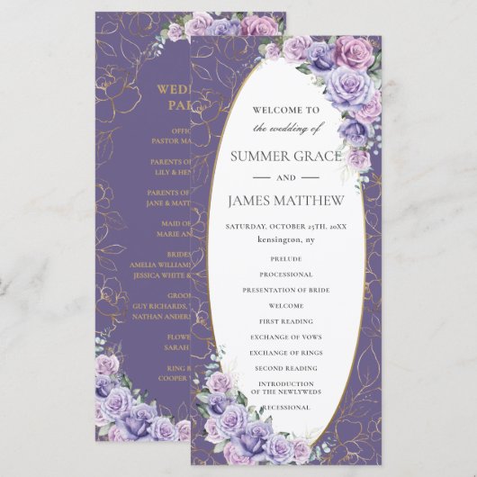 Paarse Lila Lavendel Line Art Floral Wedding Programmakaart (Voorkant / Achterkant)