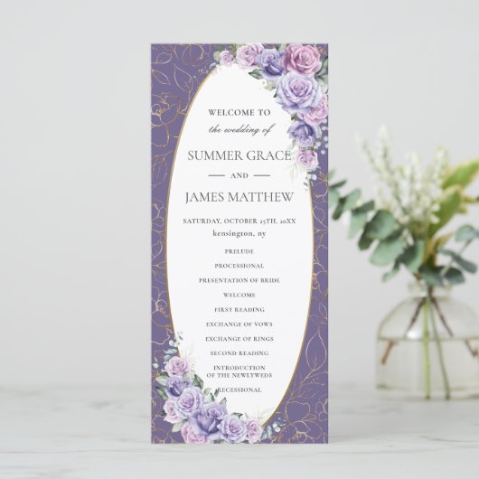 Paarse Lila Lavendel Line Art Floral Wedding Programmakaart (Staand voorkant)
