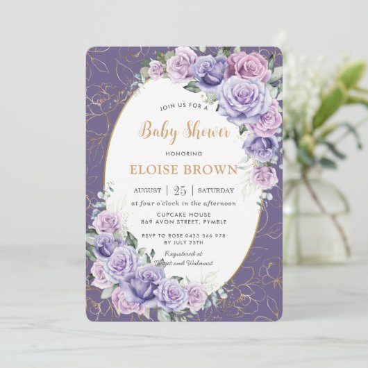 Paarse Lila lavender Rozen Floral Baby shower Kaart (Staand voorkant)