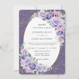 Paarse Lila lavender Rozen Floral Gold Wedding Kaart