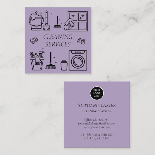 Paarse Lila Logo Schoonmaakdiensten Commercieel Vierkante Visitekaartje (Voorkant / Achterkant)