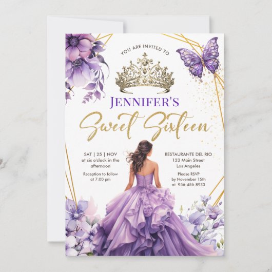 Paarse Lila Meisje Prinses Tiara Bloemenzoet 16 Kaart (Voorkant)