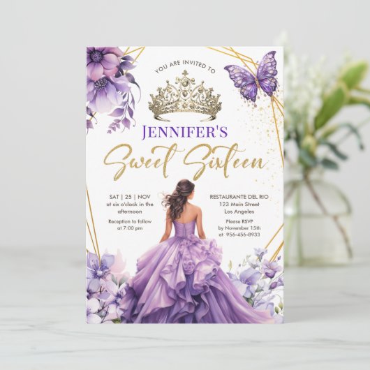 Paarse Lila Meisje Prinses Tiara Bloemenzoet 16 Kaart (Staand voorkant)