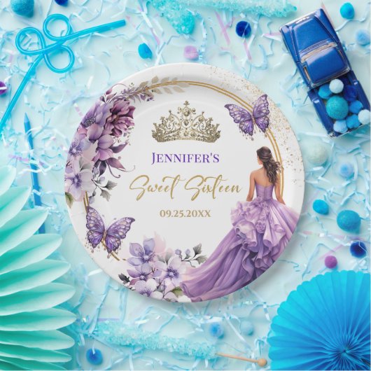 Paarse Lila Meisje Prinses Tiara Bloemenzoet 16 Papieren Bordje (Feest)
