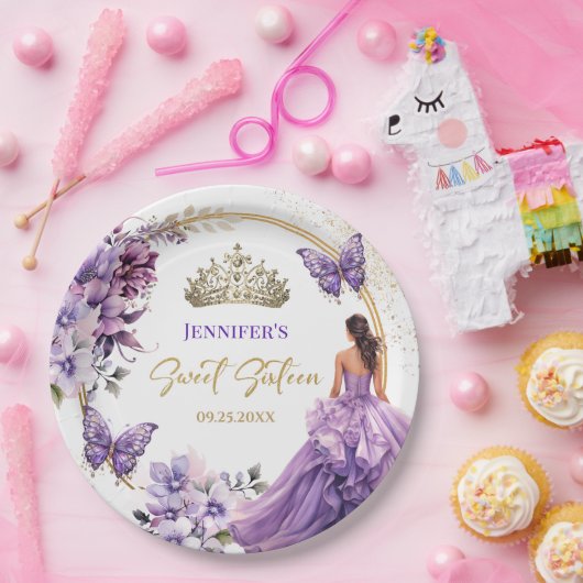 Paarse Lila Meisje Prinses Tiara Bloemenzoet 16 Papieren Bordje (Feest)