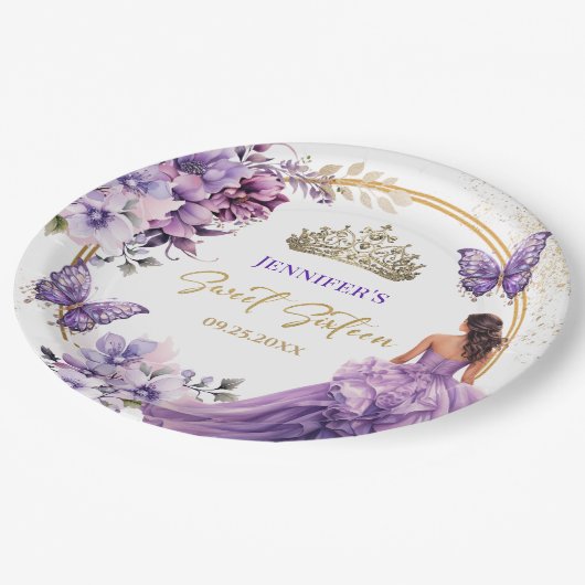 Paarse Lila Meisje Prinses Tiara Bloemenzoet 16 Papieren Bordje (Gekanteld)