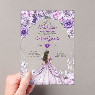 Paarse Lila Mis Quince 15 Anos Crown Quinceañera Acryl Uitnodigingen