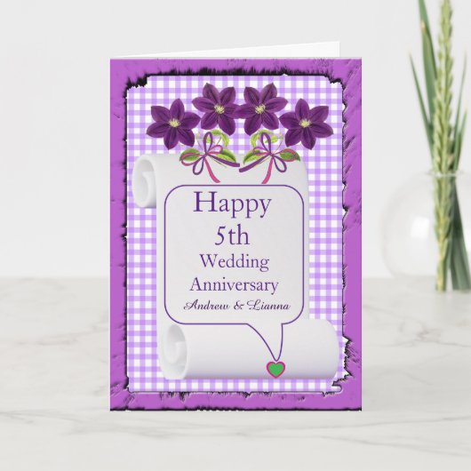 Paarse Lila Moderne Bloemen 5e bruiloft Jubileum Kaart (Voorkant)