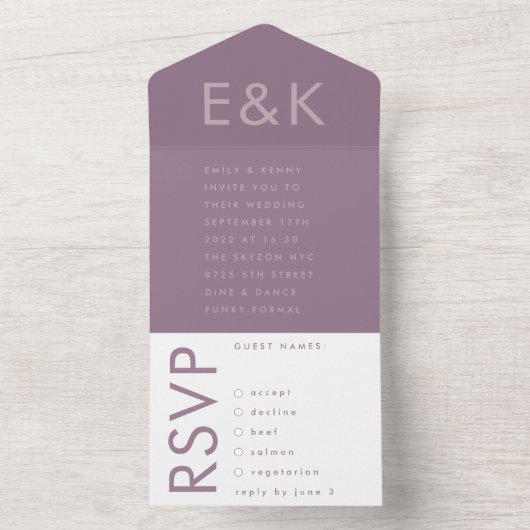 Paarse Lila moderne monogram - weduwschap All In One Uitnodiging (Binnen)