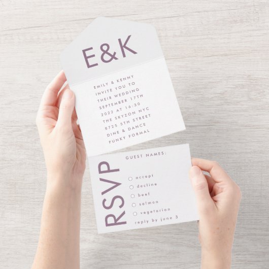 Paarse Lila moderne monogram - weduwschap All In One Uitnodiging (Afscheurbaar)