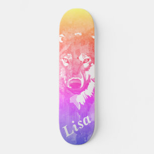 Paarse lila oranje abstracte waterverf wolf persoonlijk skateboard