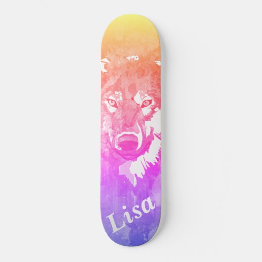 Paarse lila oranje abstracte waterverf wolf persoonlijk skateboard (Voorkant)