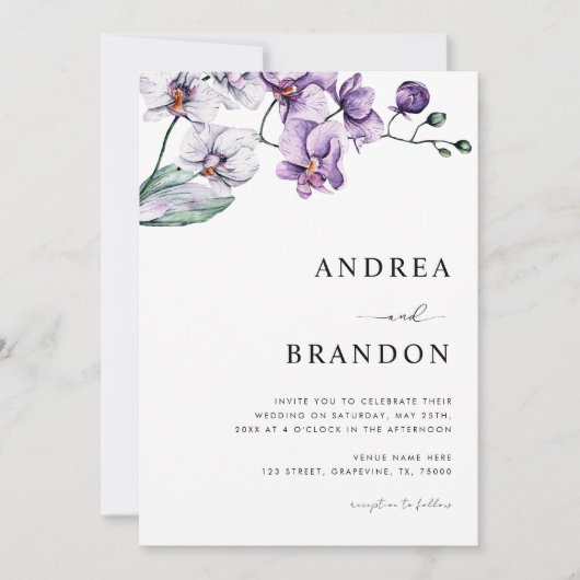 Paarse Lila orchidee QR-code in één bruiloft Kaart (Voorkant)